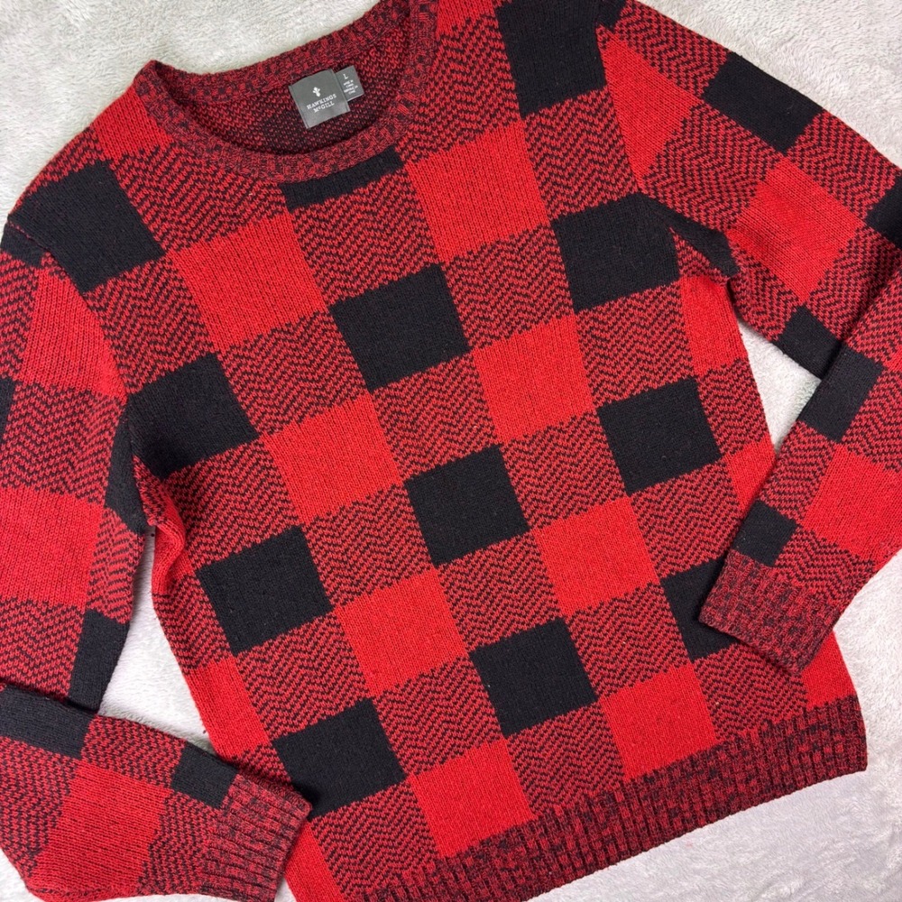 Hawkins McGill Women's Crewneck Sweater Sz L Red Black Buffalo Plaid Lambswool